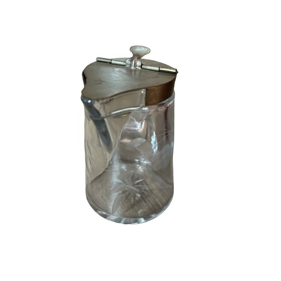 Vintage Cut glass clear syrup pitcher hinged lid thumb tab flower honey decanter - Picture 2 of 4